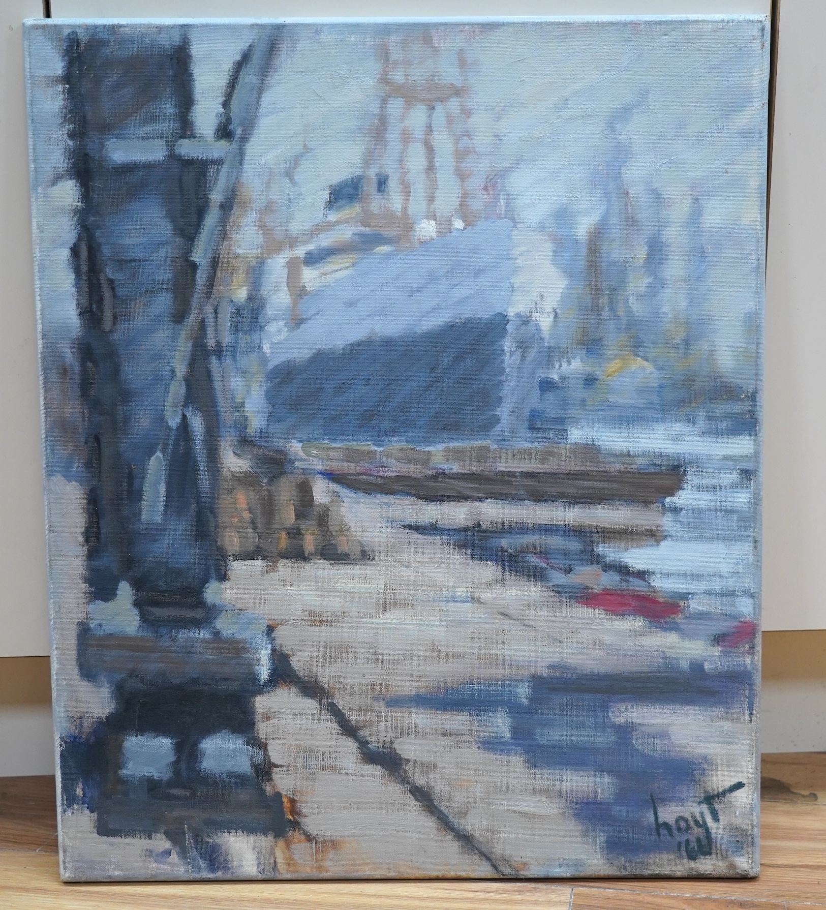 Hoyt (20/21st. C), oil on canvas, Dockland scene with ship, signed and dated '66, 61 x 51cm, unframed. Condition - fair-good